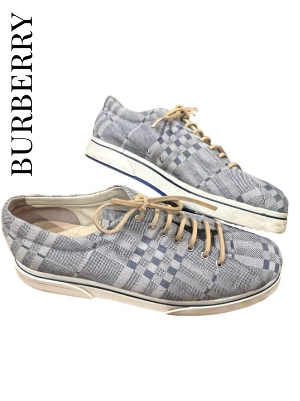 Burberry Unisex Blue Check Canvas Sneakers with Tan Laces